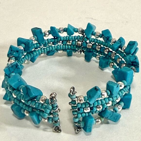 Turquoise Wide Chunky Multi-Strand Beaded Coiled Bangle Bracelet, Stretchy - Picture 1 of 9